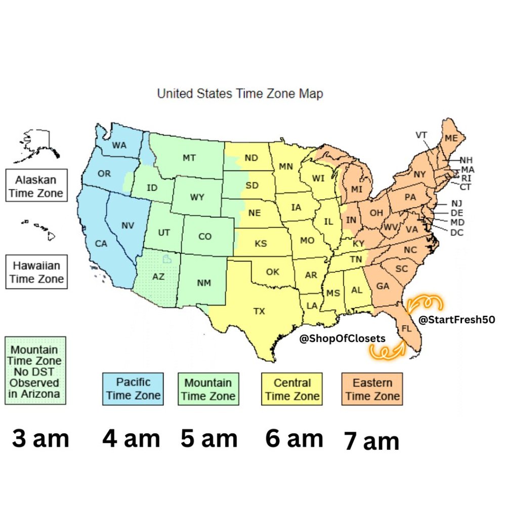 7AM EST - 10PM EST Time Zone Map @ShopOfClosets & @StartFresh50
